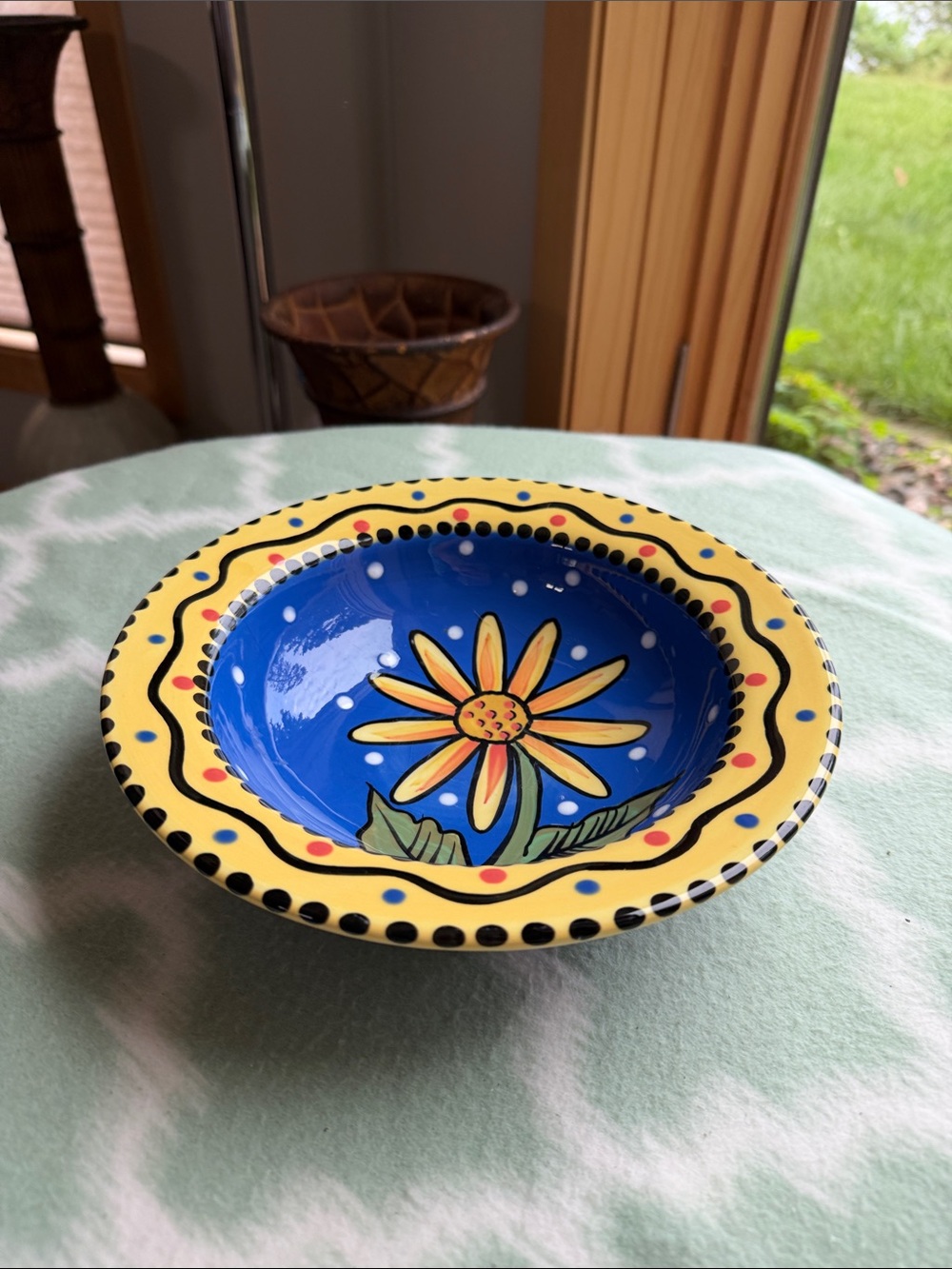Hand-Painted Blue & Yellow Flower Ceramic Bowl Mirasol by Chris Bubany